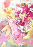  1girl angel_wings blush doradorakingyo dress flower green_eyes hair_flower hair_ornament harpy_(puyopuyo) long_sleeves madou_monogatari pink_dress pink_hair puyopuyo puyopuyo_quest short_hair smile solo wings yellow_wings 