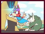  animal_crossing anthro audie_(animal_crossing) bite biting_shirt canid canine canis eyewear eyewear_on_head female fox glasses glasses_on_head humor link link_(wolf_form) male mammal nintendo pulling_shirt r-mk sheikah_tower the_legend_of_zelda tongue tongue_out wolf 