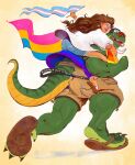  2023 3_toes anthro baseball_cap bisexual_pride_colors brown_hair butt clothed clothing dinosaur duo english_text feet female flag flip_flops footwear furgonomic_bottomwear green_body hair hat headgear headwear hi_res holding_flag holding_object human jewelry larger_anthro larger_male lgbt_pride male mammal necklace pansexual_pride_colors pinkgirlpen pinkgirlpen_(character) pride_color_earrings pride_colors rainbow_flag rainbow_pride_flag rainbow_symbol reptile riding_on_back running sandals scalie sharp_teeth size_difference smaller_female smaller_human tal_rex teeth text theropod toes tongue tongue_out transgender_pride_colors tyrannosaurid tyrannosaurus tyrannosaurus_rex 