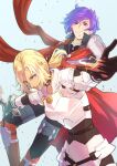  1boy 1girl armor black_gloves blonde_hair blue_eyes breastplate catherine_(fire_emblem) clenched_teeth commentary_request fire_emblem fire_emblem:_three_houses fire_emblem_warriors:_three_hopes gloves highres holding holding_sword holding_weapon outstretched_arm ponytail purple_eyes purple_hair riou_(pooh920) shez_(fire_emblem) shez_(male)_(fire_emblem) shoulder_armor sword teeth thunderbrand weapon white_armor 