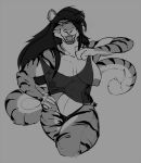  2016 anthro big_breasts breasts clothing eyes_closed felid female freebird11 grey_background hair hi_res mammal nipples pantherine simple_background smile solo tiger translucent translucent_clothing underwear 