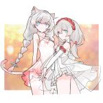  2girls absurdres animal_ear_fluff animal_ears bare_shoulders blue_eyes braid breasts cat_ears cat_girl cat_tail china_dress chinese_clothes cleavage cleavage_cutout closed_mouth clothing_cutout dress error1980 flower hair_flower hair_ornament highres honkai_(series) honkai_impact_3rd kiana_kaslana long_hair looking_at_viewer multiple_girls red_flower red_rose rose smile tail theresa_apocalypse theresa_apocalypse_(luna_kindred) twin_braids wedding_dress white_dress white_hair white_sleeves 