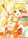  1girl blonde_hair blue_eyes bow cupcake dress food hair_bow hair_ornament hairclip heart highres kagamine_rin orange_bow shireru_illust short_hair solo sweet_magic_(vocaloid) vocaloid white_bow yellow_nails 