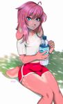  anthro blue_eyes bottle bottomwear clothing container deer girly gym_bottomwear gym_clothing gym_shorts hair lips male mammal pink_hair shorts smile solo targso water_bottle 