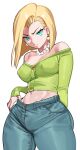  1girl absurdres android_18 aqua_eyes bare_shoulders blonde_hair breasts buttons closed_eyes covered_nipples crop_top denim dragon_ball earrings green_shirt highres jeans jewelry looking_at_viewer midriff navel necklace nia_(nia4294) off-shoulder_shirt off_shoulder pants pearl_necklace shirt simple_background solo white_background 