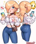  1girl absurdres alternate_costume artist_name ass bare_shoulders blonde_hair blue_eyes blue_pants blush breasts casual cellphone choker contemporary crop_top cropped_legs crown denim earrings hair_over_one_eye heart highres holding holding_phone iphone jeans jewelry long_hair looking_at_viewer luma_(mario) mario_(series) midriff multiple_views navel off-shoulder_shirt off_shoulder pants phone puffy_sleeves purple_nails rosalina sarukaiwolf shirt smartphone smartphone_case solo spoken_heart star_(symbol) star_earrings super_mario_bros._1 super_mario_galaxy turnaround 