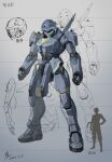  arms_at_sides assault_visor blueprint_(medium) clenched_hands commentary_request dated full_body grey_background highres homare_(fool&#039;s_art) mecha original robot science_fiction signature silhouette simple_background size_comparison standing translation_request 
