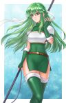  1girl absurdres armor belt boots breastplate commentary_request covered_navel fingerless_gloves fire_emblem fire_emblem:_mystery_of_the_emblem gloves green_eyes green_hair hair_between_eyes hazuki_(nyorosuke) headband highres holding holding_polearm holding_weapon long_hair palla_(fire_emblem) polearm revision shoulder_armor sidelocks smile solo thigh_boots thighhighs weapon white_headband 