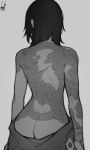  1girl akali ass back back_tattoo bare_shoulders black_hair butt_crack dragon_tattoo english_commentary facing_away from_behind ginseng_(xin) grey_background greyscale hair_down highres league_of_legends monochrome signature simple_background solo tattoo 