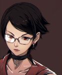  1girl artist_name black_choker boruto:_naruto_next_generations brown_background choker closed_mouth collarbone earrings glasses highres jewelry lesya_rei looking_at_viewer naruto_(series) portrait red_eyes simple_background sketch solo swept_bangs uchiha_sarada 