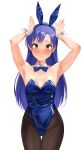  1girl absurdres animal_ears black_pantyhose blue_bow blue_bowtie blue_hair blue_leotard bow bowtie brown_eyes cowboy_shot detached_collar flat_chest highres idolmaster idolmaster_(classic) kisaragi_chihaya leotard long_hair looking_at_viewer nishi_(count2.4) pantyhose playboy_bunny rabbit_ears rabbit_pose simple_background solo strapless strapless_leotard thigh_gap white_background wrist_cuffs 