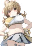  1girl absurdres ahoge belly blonde_hair blue_archive blush breasts cheerleader cleavage cowboy_shot detached_collar hair_between_eyes halo halterneck highres holding holding_pom_poms kotori_(blue_archive) kotori_(cheer_squad)_(blue_archive) large_breasts long_hair looking_at_viewer midriff millennium_cheerleader_outfit_(blue_archive) navel official_alternate_costume pleated_skirt plump pom_pom_(cheerleading) red_eyes short_twintails simple_background skirt smile solo teruriu twintails white_skirt yellow_halo 