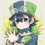  1boy black_hair closed_mouth eyewear_on_head fire_emblem fire_emblem_engage flower green_eyes hat jean_(fire_emblem) looking_at_viewer mojakkoro short_hair simple_background solo watch 