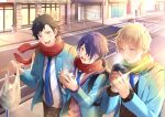  3boys backpack bag baozi black_hair blonde_hair blue_eyes blue_jacket blue_necktie cup ensemble_stars! food green_scarf highres holding holding_bag holding_cup holding_food hood hooded_jacket jacket kindo kindo_(quindo_e) long_sleeves male_focus multicolored_hair multiple_boys nagumo_tetora necktie plastic_bag purple_hood red_hair red_scarf road ryuuseitai_(ensemble_stars!) scarf school_uniform sengoku_shinobu short_hair streaked_hair street takamine_midori 