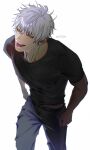  1boy :p black_shirt blue_eyes cropped_legs e0308r gojou_satoru grey_pants hair_between_eyes highres jujutsu_kaisen leaning_forward male_focus pants shirt short_hair simple_background solo standing t-shirt tongue tongue_out twitter_username white_background white_hair 