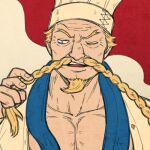  1boy blonde_hair braid braided_beard chef_hat facial_hair forked_eyebrows hat long_mustache lowres male_focus mature_male mustache old old_man one_eye_closed one_piece pectoral_cleavage pectorals portrait promotional_art red_shoes_zeff rosinantes solo wrinkled_skin 