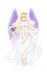  1girl blonde_hair bouquet breasts breath_of_fire breath_of_fire_ii bridal_veil cleavage closed_mouth dress elbow_gloves feathered_wings flower full_body gloves green_eyes high_heels holding holding_bouquet kurotada long_hair looking_at_viewer navel nina_(breath_of_fire_ii) purple_wings simple_background smile solo strapless strapless_dress veil wedding_dress white_background white_dress white_gloves wings 