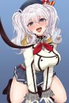  1girl ahegao blue_eyes blush breasts chamumi_(mochiumee) collar epaulettes full_body gloves highres kantai_collection kashima_(kancolle) kneehighs looking_at_viewer military_jacket miniskirt neckerchief open_mouth red_neckerchief rope sidelocks skirt socks solo tongue tongue_out white_gloves white_hair 