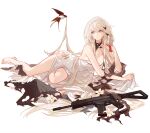  1girl apc556_(girls&#039;_frontline) bare_shoulders barefoot bird black_gloves blue_eyes elbow_gloves flower girls&#039;_frontline gloves hair_flower hair_ornament highres legs long_hair looking_at_viewer satsuya solo swallow_(bird) toenails toes white_hair 