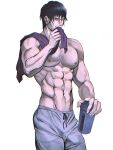  1boy abs adrienwithane_(ap00c) bara black_hair feet_out_of_frame fushiguro_touji hair_between_eyes highres jujutsu_kaisen large_pectorals male_focus mature_male muscular muscular_male navel nipples pants pectorals sanpaku scar scar_on_face scar_on_mouth shirt short_hair solo standing track_pants v-taper wet wet_clothes wet_shirt wiping_mouth 