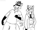  2_tails anthro bottomwear breasts canid canine clothed clothing duo eyewear facial_markings female fox glasses gloves_(marking) grin hair head_markings hybrid long_hair male male/female mammal markings mask_(marking) multi_tail necktie procyonid raccoon rick2tails skirt smile tail teeth tegerio whiskers yuri_(runei) 