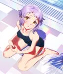  1girl bare_legs barefoot blue_one-piece_swimsuit breasts commentary day from_above highres idolmaster idolmaster_million_live! interlocked_fingers light_blush looking_at_viewer makabe_mizuki omitsu on_floor one-piece_swimsuit outdoors parted_lips poolside purple_hair school_swimsuit shadow short_hair sidelocks sitting small_breasts solo swimsuit wariza water wavy_hair yellow_eyes 
