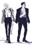  2boys almostghost black_hair black_pants black_suit blonde_hair cigarette coat coat_on_shoulders collarbone crowbar formal full_body hair_slicked_back highres hinrigh_biganduffno holding_crowbar hunter_x_hunter ken&#039;i_wang long_hair looking_to_the_side mafia male_focus multiple_boys open_clothes pants profile shirt short_hair signature simple_background smoking striped_suit suit wavy_hair white_shirt 