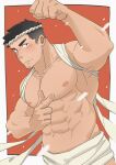  1boy abs amaimao arm_up bara bare_pectorals biceps blush clothes_lift cowboy_shot dutch_angle goatee_stubble hachimaki headband highres large_pectorals male_focus mature_male muscular muscular_male navel nipples original pectorals pointing pointing_at_viewer shirt_behind_neck shirt_lift short_hair sideburns solo thick_eyebrows 