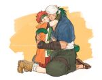  2boys 91007 animal_ears artist_name bandana fire_emblem fire_emblem:_path_of_radiance fire_emblem:_radiant_dawn green_hair green_headband green_tail grin headband hug kneeling muarim_(fire_emblem) multiple_boys smile tail tiger_boy tiger_ears tiger_tail tormod_(fire_emblem) twitter_username v-shaped_eyebrows white_bandana 