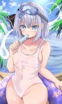  1girl absurdres alternate_costume blue_eyes breasts cloud commentary_request covered_navel daru_(kumakumadon) day food goggles goggles_on_head grey_hair highres hitodama holding holding_food horizon konpaku_youmu konpaku_youmu_(ghost) looking_at_viewer medium_breasts medium_hair one-piece_swimsuit outdoors popsicle solo swimsuit touhou water white_one-piece_swimsuit wide_hips 
