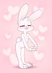 &lt;3 3_toes anthro blush breasts buckteeth chest_tuft digital_media_(artwork) eyes_closed featureless_breasts feet female fingers fur genitals hair hi_res kionant lagomorph leporid mammal navel nude pink_background pink_nose pink_tongue pussy rabbit simple_background small_breasts smile solo tail teeth toes tongue tongue_out tuft white_body white_fur 