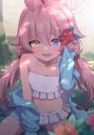  1girl absurdres bikini blue_archive blue_jacket blurry blurry_foreground blush depth_of_field flower frilled_bikini frills hair_flower hair_ornament halo heterochromia highres hoshino_(blue_archive) hoshino_(swimsuit)_(blue_archive) jacket looking_at_viewer momomoi_momoi navel official_alternate_costume outdoors pink_hair smile solo stomach swimsuit twintails white_bikini 