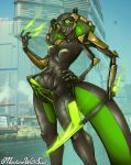  2021 3_arms anthro areola balls biped black_body breasts claws clothed clothing cobra cybernetic_arm cybernetic_limb cybernetics cyberpunk cyborg day erection erection_under_clothing fangs front_view genitals glans glowing glowing_claws green_body green_eyes green_nipples green_penis gynomorph hand_on_own_hip hi_res holding_object holding_sword holding_weapon humanoid_genitalia humanoid_penis intersex looking_at_viewer machine machinewithsoul melee_weapon mostly_nude multi_arm multi_limb multicolored_body nipples outside penis pescadera_navarro_(machinewithsoul) pupils reptile scalie slit_pupils small_breasts smile snake snake_hood solo standing sword teeth tenting tight_clothing two_tone_body weapon 