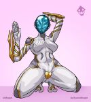  alien alien_humanoid armor athletic athletic_female clothing female headgear helmet hi_res humanoid khraart mag_(warframe) mature_female nipple_outline pose posing_for_picture pussy_sticker solo text tight_clothing url warframe wide_hips 