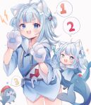  1girl animal_costume animal_ears bloop_(gawr_gura) blue_eyes blue_hair blunt_bangs blush cat cat_ears fins fish_tail gawr_gura gawr_gura_(1st_costume) grey_hair hair_ornament highres hololive hololive_english looking_at_viewer medium_hair multicolored_hair open_mouth shark shark_costume shark_girl shark_hair_ornament shark_tail sidelocks solo streaked_hair tail two_side_up virtual_youtuber wata_ramune 