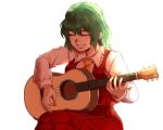  1girl acoustic_guitar ascot closed_eyes commentary_request frilled_shirt_collar frills green_hair grin guitar highres instrument kazami_yuuka kuya_(hey36253625) long_sleeves music open_clothes open_vest plaid plaid_skirt plaid_vest playing_instrument plectrum red_vest shirt simple_background sitting skirt skirt_set smile solo touhou vest wavy_hair white_background white_shirt yellow_ascot 