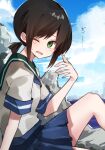  1girl blue_neckerchief blue_skirt blue_sky brown_hair cloud day fubuki_(kancolle) green_eyes green_sailor_collar highres kantai_collection katsuobushi_(eba_games) looking_at_viewer low_ponytail neckerchief one_eye_closed open_mouth outdoors pleated_skirt ponytail rock sailor_collar school_uniform serafuku short_ponytail short_sleeves sidelocks sitting skirt sky solo sweat 