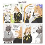  1:1 absurd_res anthro bovid bovine canid canine canis cattle clothed clothing comic dialogue discount_price domestic_dog duo english_text hands_in_both_pockets hi_res horn jacket male mammal necktie store text topwear tupidwithouts 