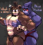  2023 abs anthro barazoku bear beetleartz biceps big_butt black_nose bodily_fluids bonnie_(fnaf) bow_tie brown_body brown_fur bulge butt clothed clothing dialogue digital_media_(artwork) duo english_text eyebrows five_nights_at_freddy&#039;s freddy_(fnaf) fur hat headgear headwear hi_res jockstrap jockstrap_only lagomorph leporid male male/male mammal muscular muscular_anthro muscular_male navel nervous pec_grab pecs purple_body purple_eyes purple_fur rabbit red_sclera scottgames smile sweat tail talking_to_another talking_to_partner tan_body tan_fur teeth text top_hat topless underwear underwear_only 