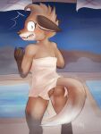  accidental_exposure anthro blush brown_ears butt canid canine dungeons_of_aether exposed_butt female fleet_(dungeons_of_aether) fox fur green_eyes hi_res looking_at_viewer mammal masteroflasagna orange_body orange_fur pool poolside red_fox sauna solo solo_focus steam surprise surprised_expression tail tan_body teeth_showing towel towel_only walk-in water 