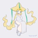  1other blonde_hair blue_eyes cape coin_(ornament) eye_symbol facial_mark full_body green_ribbon grey_background grey_tunic hair_tubes hands_up hat highres interlocked_fingers invisible_chair jirachi long_sleeves looking_at_viewer myu_(3u_gumi) own_hands_together pants personification platform_footwear pokemon praying ribbon sidelocks simple_background sitting smile solo star_(symbol) twitter_username white_pants wide_sleeves yellow_cape yellow_headwear 