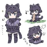  1girl animal_ears baguette black_bow black_bowtie black_fur black_gloves black_hair black_jacket black_jaguar_(kemono_friends) black_skirt black_thighhighs blue_eyes blush bow bowtie bread center_frills eating elbow_gloves food frilled_skirt frills fur_collar gloves hair_between_eyes high-waist_skirt highres jacket jaguar_ears jaguar_girl jaguar_print jaguar_tail kemono_friends multiple_views musical_note open_mouth pleated_skirt print_gloves print_skirt print_thighhighs purple_shirt shirt short_hair short_sleeves sidelocks sitting skirt sparkle t-shirt tail thighhighs tmtkn1 translation_request zettai_ryouiki 