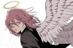  1boy androgynous angel_devil_(chainsaw_man) angel_wings black_jacket chainsaw_man commentary_request feathered_wings from_side halo highres jacket llq9ull male_focus red_eyes red_hair solo upper_body wings 