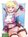  1girl belt blonde_hair blue_eyes blush bodysuit bowieknife breasts gradient_hair gwenpool highres katana large_breasts leotard looking_at_viewer marvel multicolored_hair open_mouth pink_hair pink_leotard pouch short_hair solo superhero sword weapon weapon_on_back 