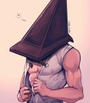  1boy abs bara covered_nipples edith_lanzhen helmet highres large_pectorals male_focus muscular muscular_male object_head open_clothes pectorals pyramid_head silent_hill_(series) silent_hill_2 simple_background solo twitter_username upper_body 