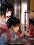  1boy 1girl bare_shoulders black_hair collarbone crack cracked_glass crowbar display_case doll faceless faceless_male funi_mu9 ghost hand_on_another&#039;s_head haunted_doll highres japanese_clothes kimono long_hair off_shoulder original red_eyes red_kimono shirt short_hair shouji sliding_doors talisman tearing_up white_shirt 
