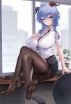 1girl absurdres ahoge arm_support black_pantyhose blue_hair blush breasts chair desk feet ganyu_(genshin_impact) genshin_impact hand_on_own_chest highres horns id_card indoors knees_up large_breasts light_smile long_hair looking_at_viewer negi_kome office office_lady on_desk pantyhose plant potted_plant purple_eyes shirt sidelocks sitting sitting_on_desk soles solo thighband_pantyhose thighs toes white_shirt window 