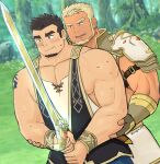  2boys bara bare_arms blonde_hair blush crave_saga dark-skinned_male dark_skin excalibur_(crave_saga) eyebrow_cut facial_hair forked_eyebrows goatee hand_on_another&#039;s_arm holding holding_sword holding_weapon large_pectorals long_sideburns male_focus mature_male multiple_boys muscular muscular_male nipples pectoral_cleavage pectorals protagonist_(crave_saga) rongjie short_hair shy sideburns sidepec sweat sword teaching thick_eyebrows topless_male training wavy_mouth weapon yaoi 