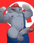  2023 anthro balls barazoku biceps big_balls big_muscles big_penis clothed clothing elephant elephant_mario elephantid erection eyebrows facial_hair flexing foreskin genitals gloves handwear hat headgear headwear hi_res huge_balls huge_muscles huge_penis humanoid_genitalia humanoid_penis logo long_penis looking_at_viewer male mammal manly mario mario_bros muscular muscular_anthro muscular_male mustache navel nintendo nipples overalls overalls_down overalls_only pecs penis presenting presenting_penis proboscidean pubes red_background rickpenman simple_background solo standing super_mario_bros_wonder suspenders thick_penis topless topless_anthro topless_male trunk 