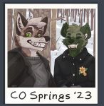  anthro brown_body brown_fur canid canine canis clothed clothing coat coyote detailed_background digital_media_(artwork) duo english_text eyes_closed facial_markings flower forest forest_background friends fur green_body green_eyes green_fur hair head_markings head_tuft hyena looking_at_viewer male mammal markings multicolored_body multicolored_fur nature nature_background outside photo plant polaroid polaroid_photo sharp_teeth shirt smil smile snow spots spotted_body spotted_fur spotted_hyena spotted_markings sunflower t-shirt tan_body tan_fur teeth text thehiggles toothy_grin topwear tree tuft two_tone_body two_tone_fur waist_up whisker_spots 